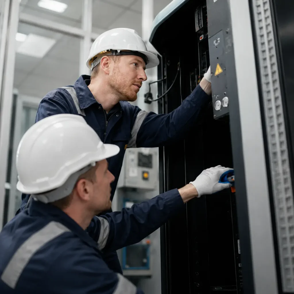 Engineers performing maintenance on technical equipment in a server room