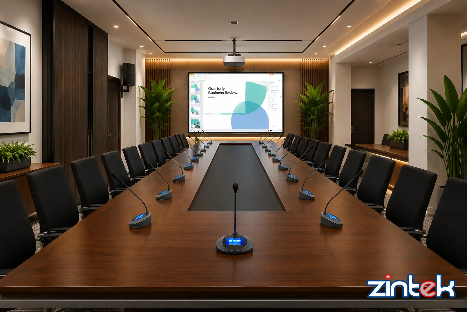 Conference room with audio visual system, microphones and presentation display