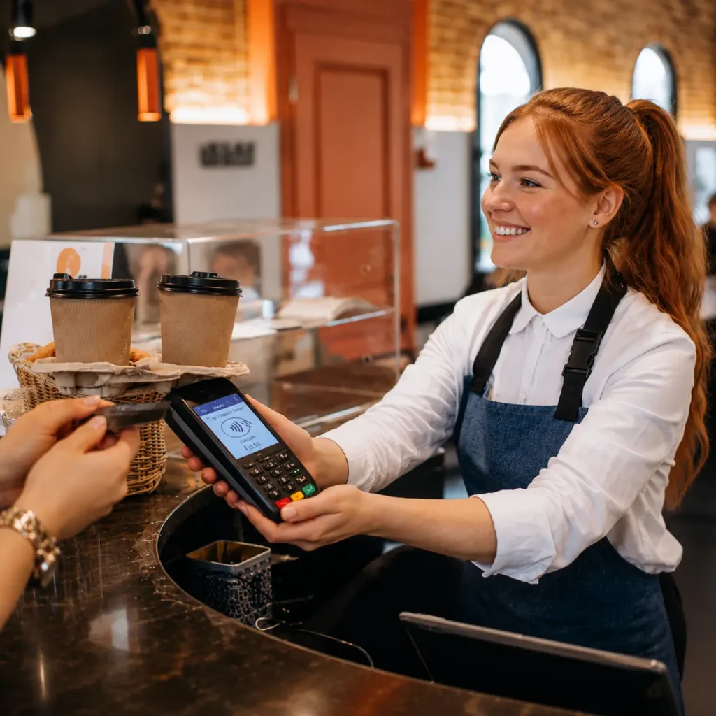 Café staff member processing a contactless payment using an EPOS card terminal