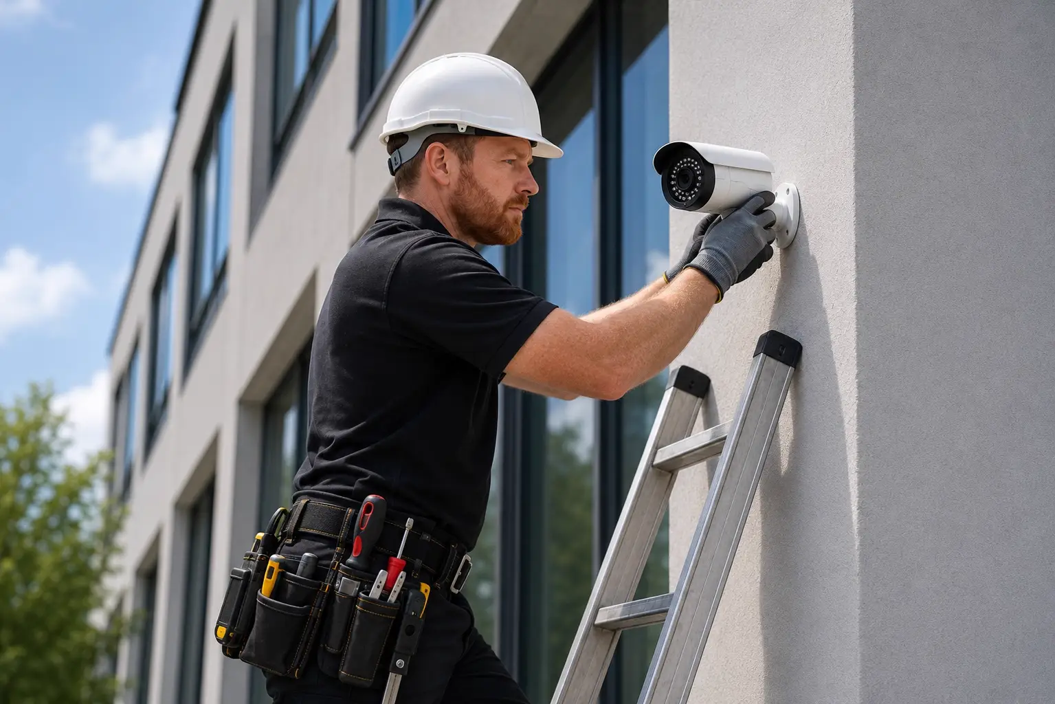 Technician installing a CCTV security camera on a commercial building