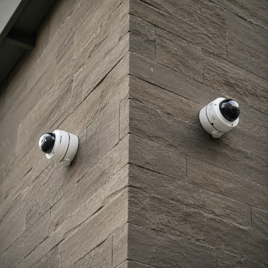 Dome CCTV security cameras installed on the exterior wall of a commercial building