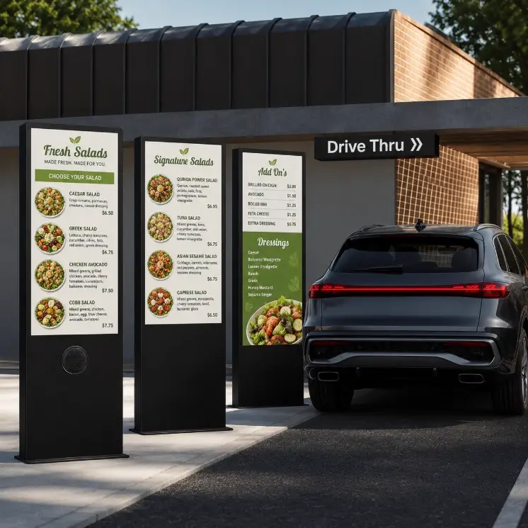 Drive thru digital menu boards displaying food options and prices