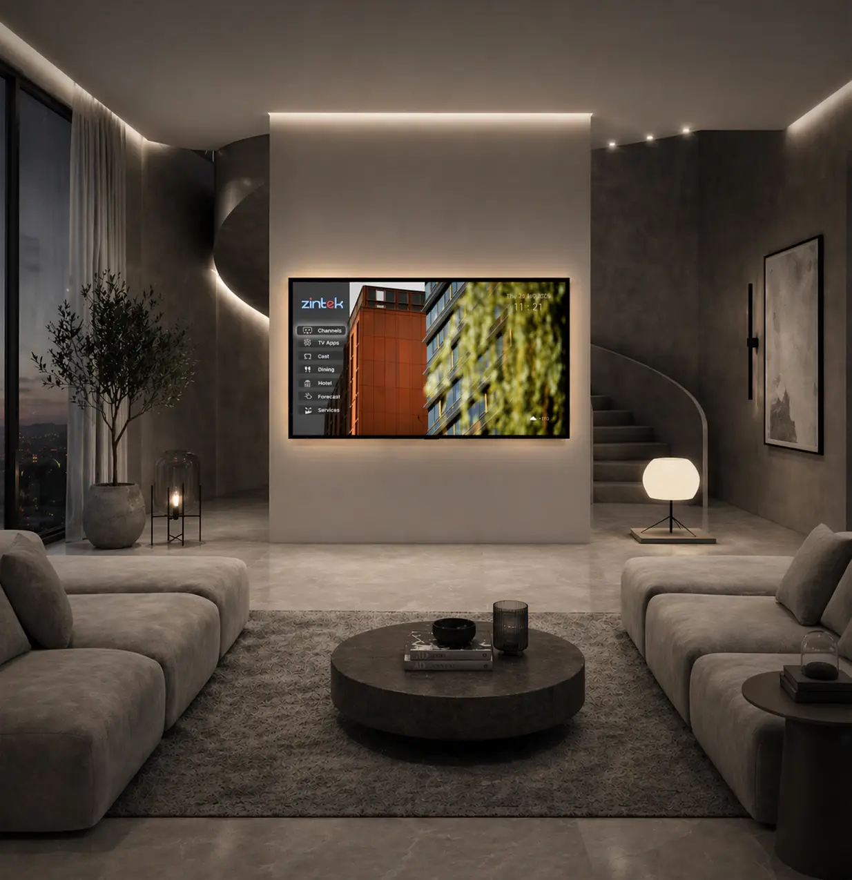 Hospitality TV displaying guest information in a modern hotel lounge
