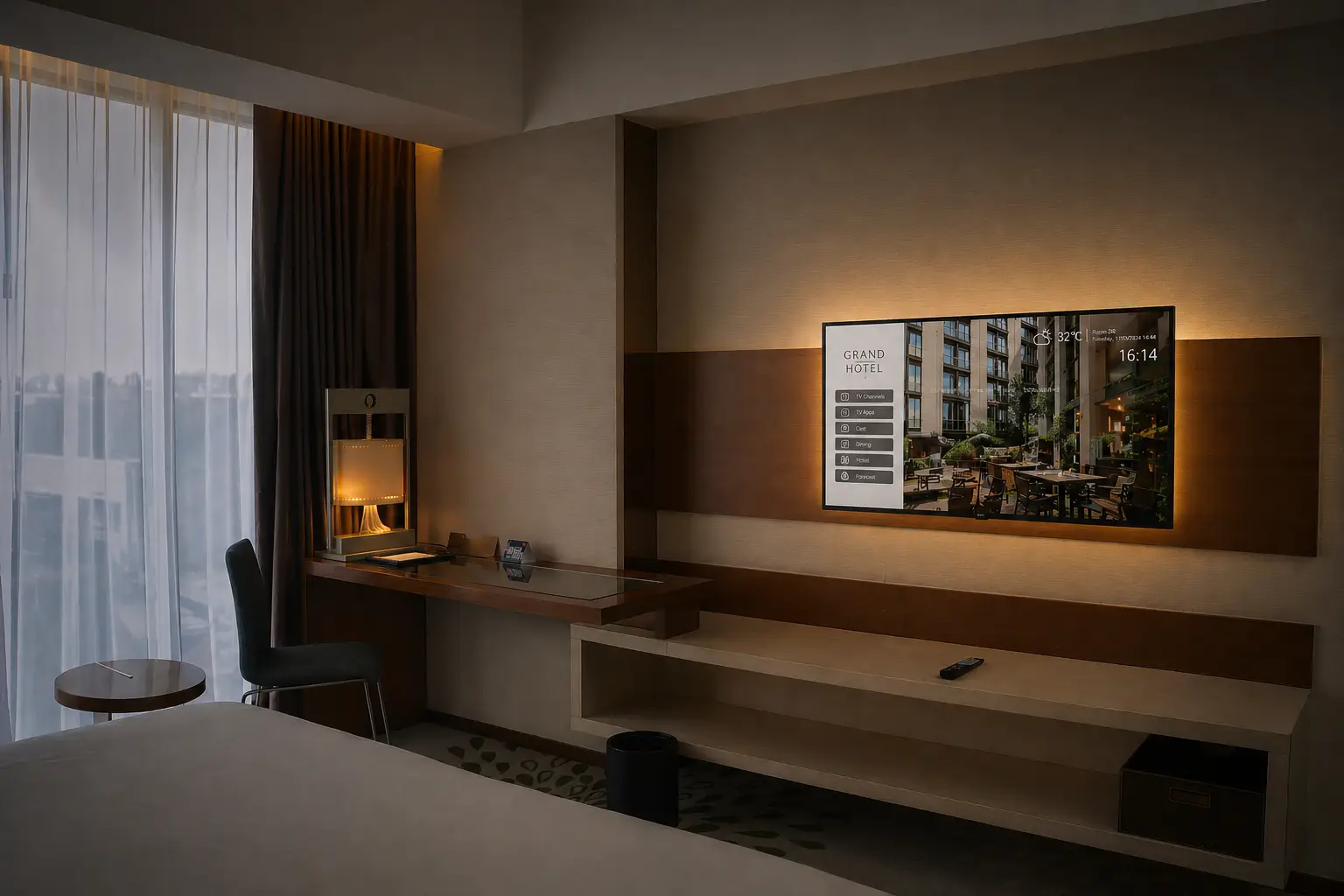 Hotel room TV displaying an interactive guest information menu