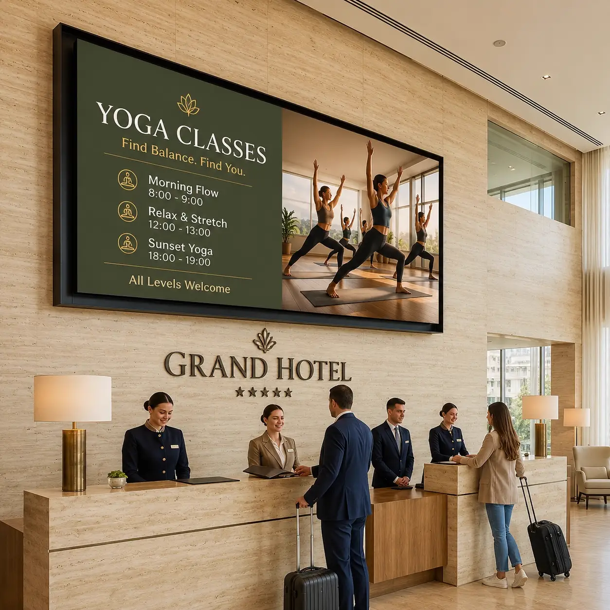 Hotel lobby digital signage screen displaying yoga class information