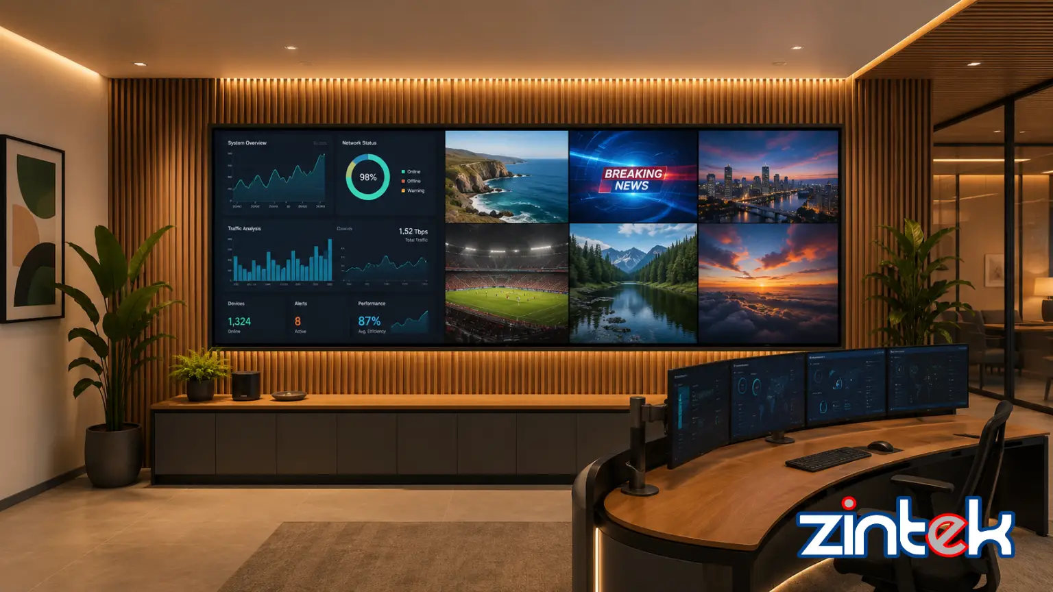 Video wall display showing dashboards, live content and monitoring screens in a control room