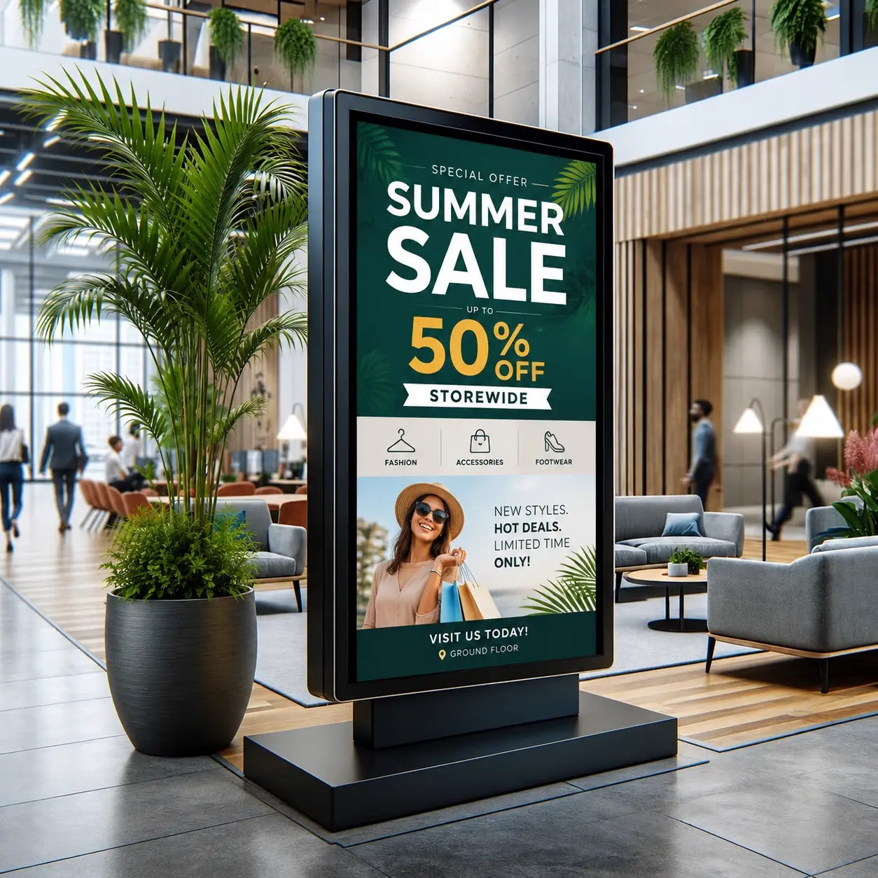 Freestanding digital signage display showing a retail summer sale promotion