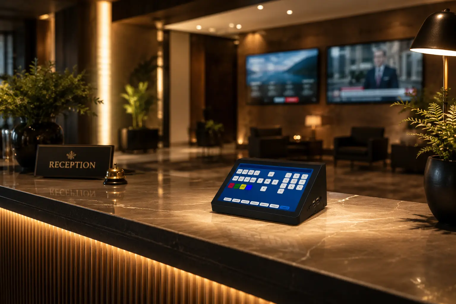 Sky Controller device on a hotel reception desk controlling TV screens remotely