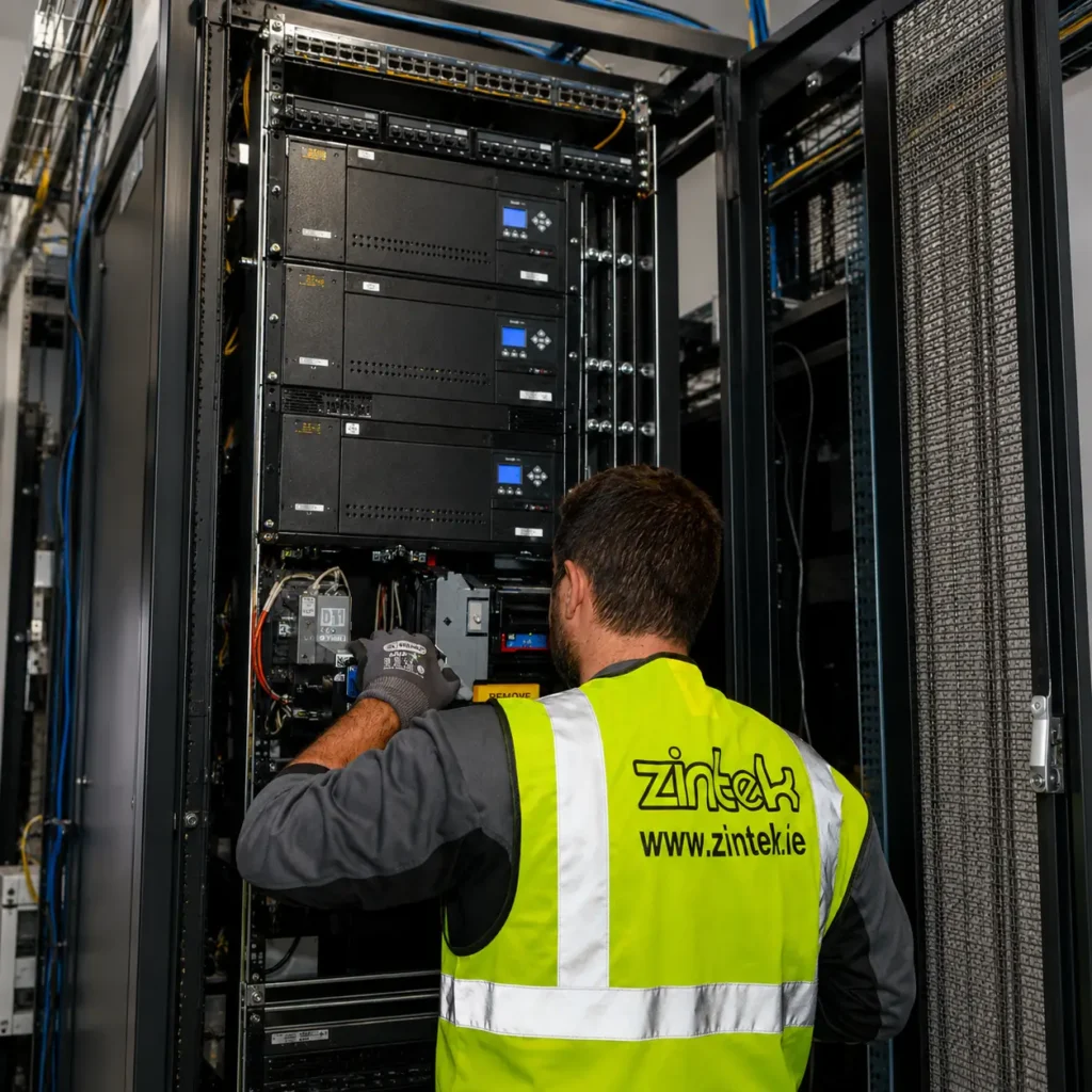 Zintek engineer carrying out maintenance on technical equipment in a server cabinet