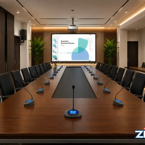 Conference room with audio visual system, microphones and presentation display