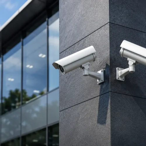 CCTV security cameras installed outside a commercial building