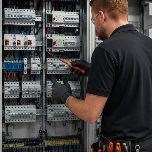 Electrician inspecting an electrical panel with circuit breakers and wiring